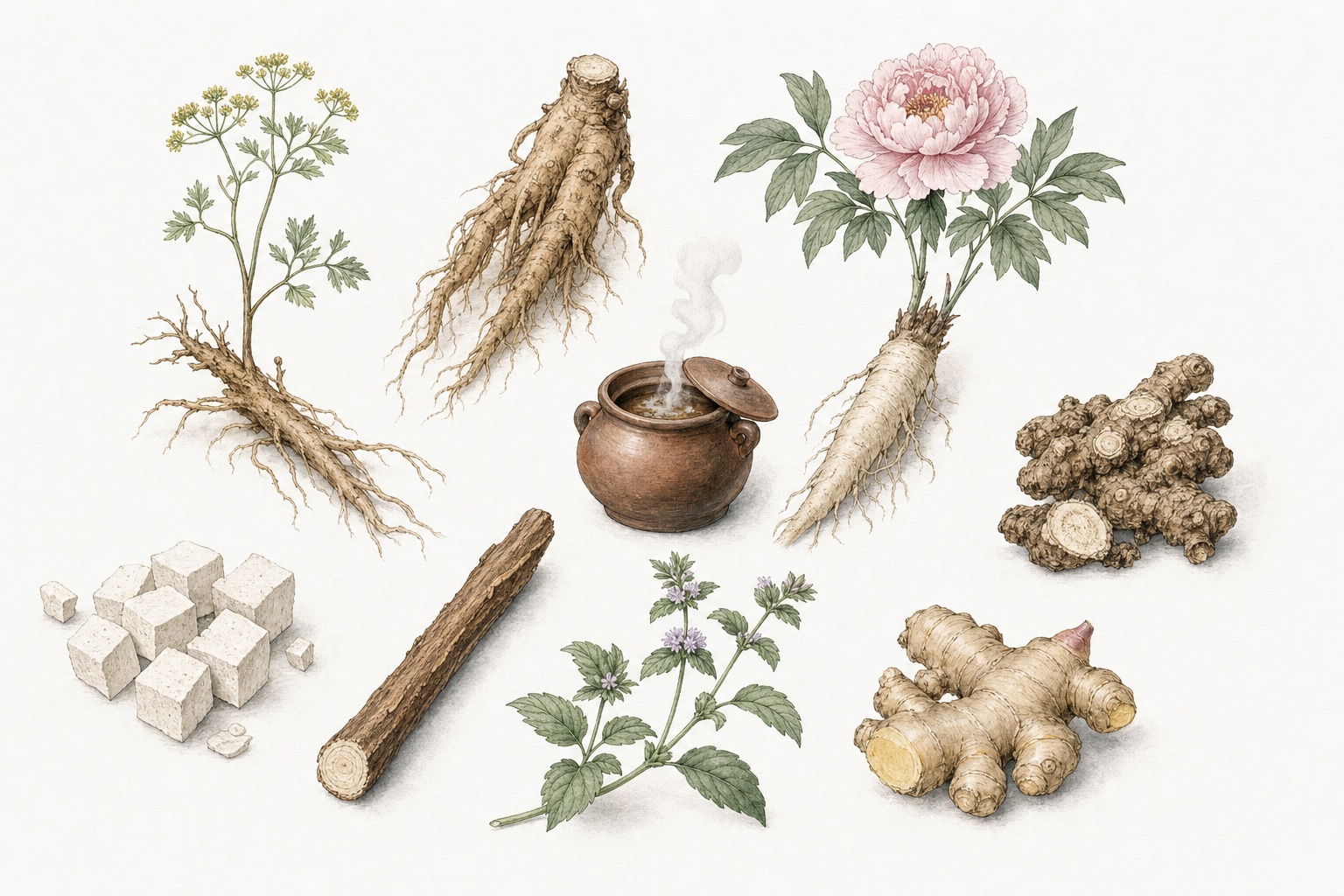 Botanical illustration of the eight herbs of Xiao Yao San arranged around a clay decoction pot